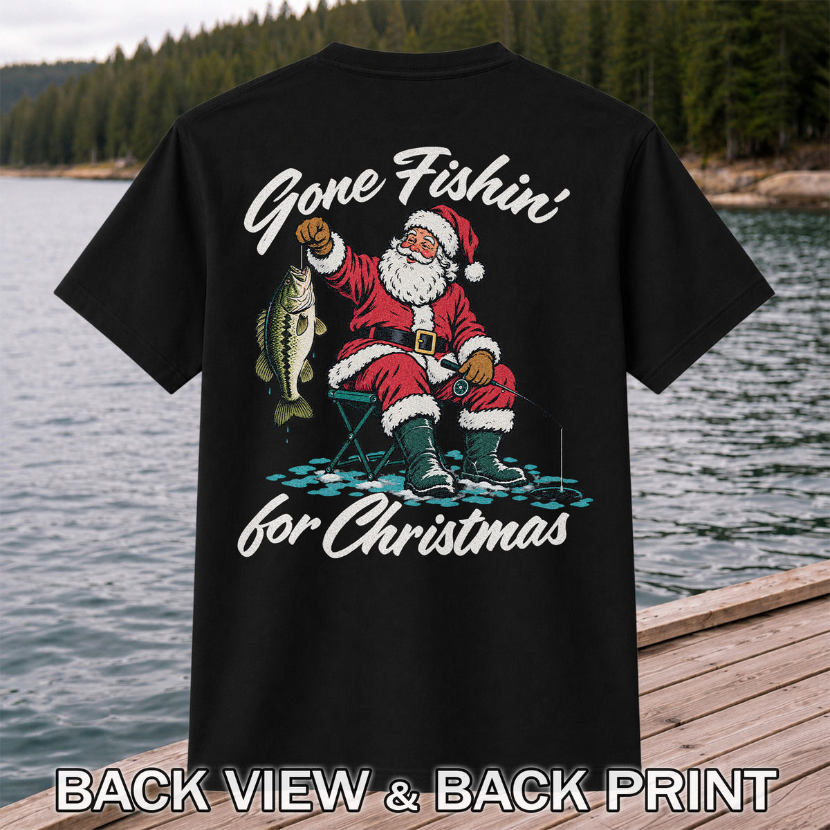 Santa Fishing with Bass Christmas Graphic T-Shirt | Back Print