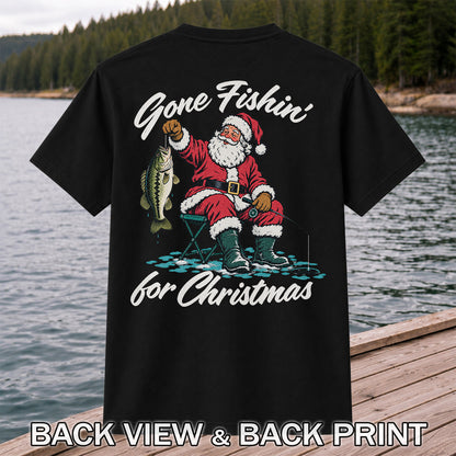 Santa Fishing with Bass Christmas Graphic T-Shirt | Back Print