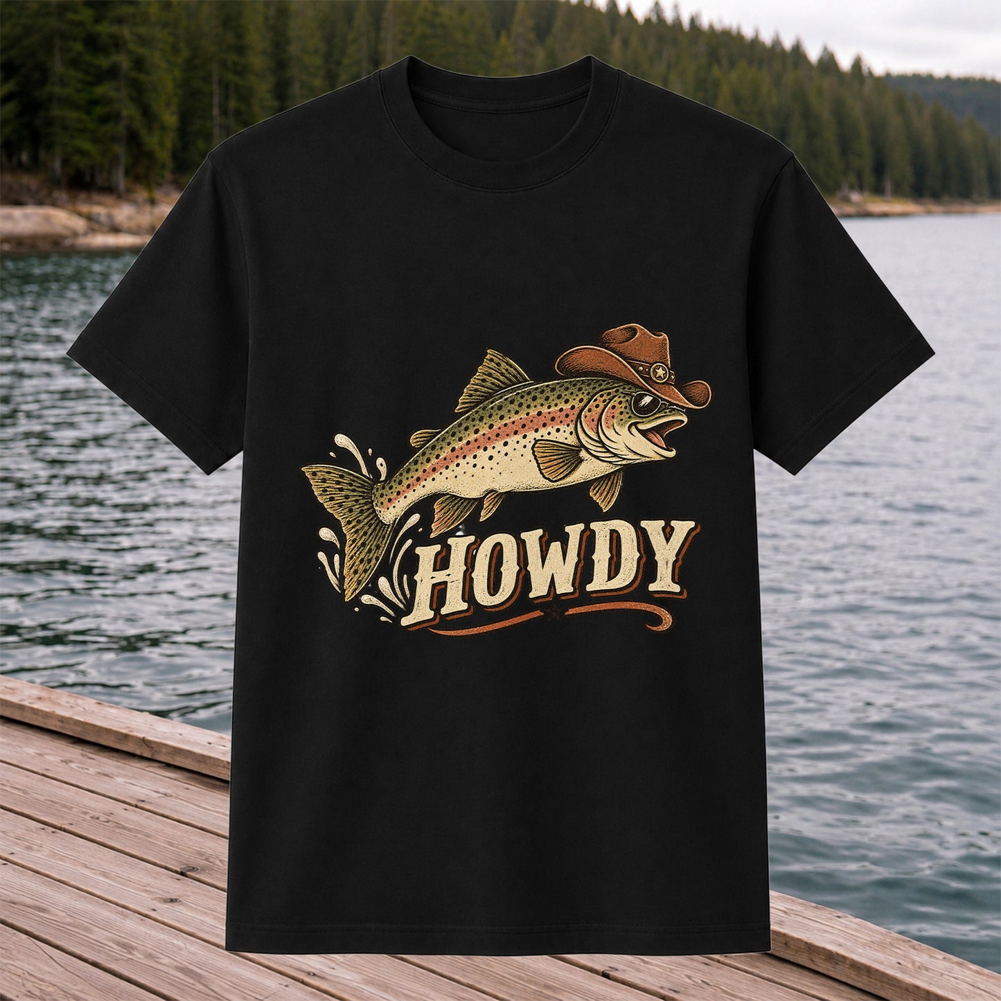 Howdy Cowboy Trout Vintage Fishing Graphic T-Shirt