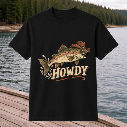 Howdy Cowboy Trout Vintage Fishing Graphic T-Shirt