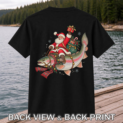 Santa Riding a Festive Rainbow Trout Christmas Fishing Graphic T-Shirt | Back Print