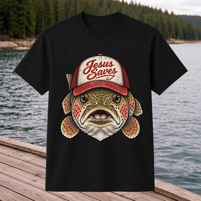 Jesus Saves Rainbow Trout in a Trucker Hat Fishing T-Shirt
