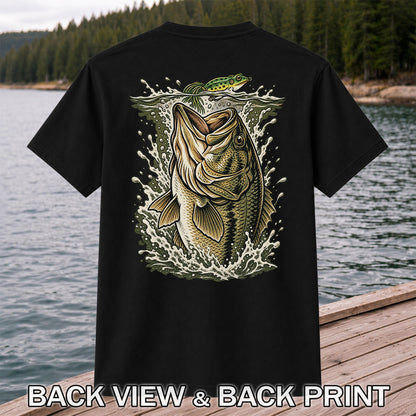 Largemouth Bass Striking a Frog Lure Fishing Graphic T-Shirt | Back Print