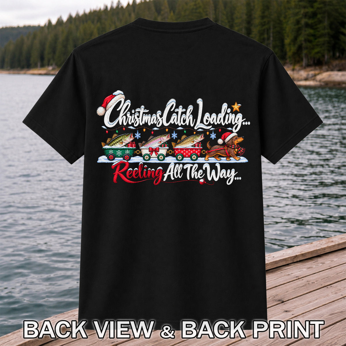 Christmas Fishing Train with Trout and Dog Graphic T-Shirt | Back Print