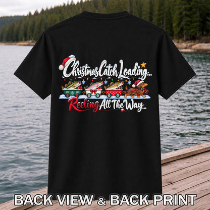 Christmas Fishing Train with Trout and Dog Graphic T-Shirt | Back Print