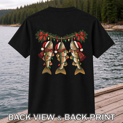 Festive Trout String Lights Christmas Fishing T-Shirt | Back Print