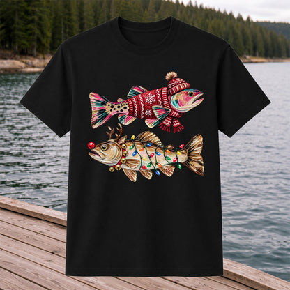 Festive Christmas Fish with Lights Fishing Graphic T-Shirt