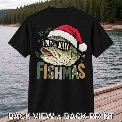 Bass Wearing Santa Hat and Holiday Glasses Fishing Graphic T-Shirt | Back Print