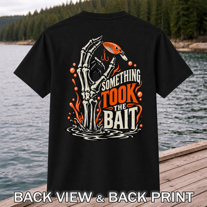 Skeleton Took the Bait Fishing Lure Gothic Graphic T-Shirt | Back Print