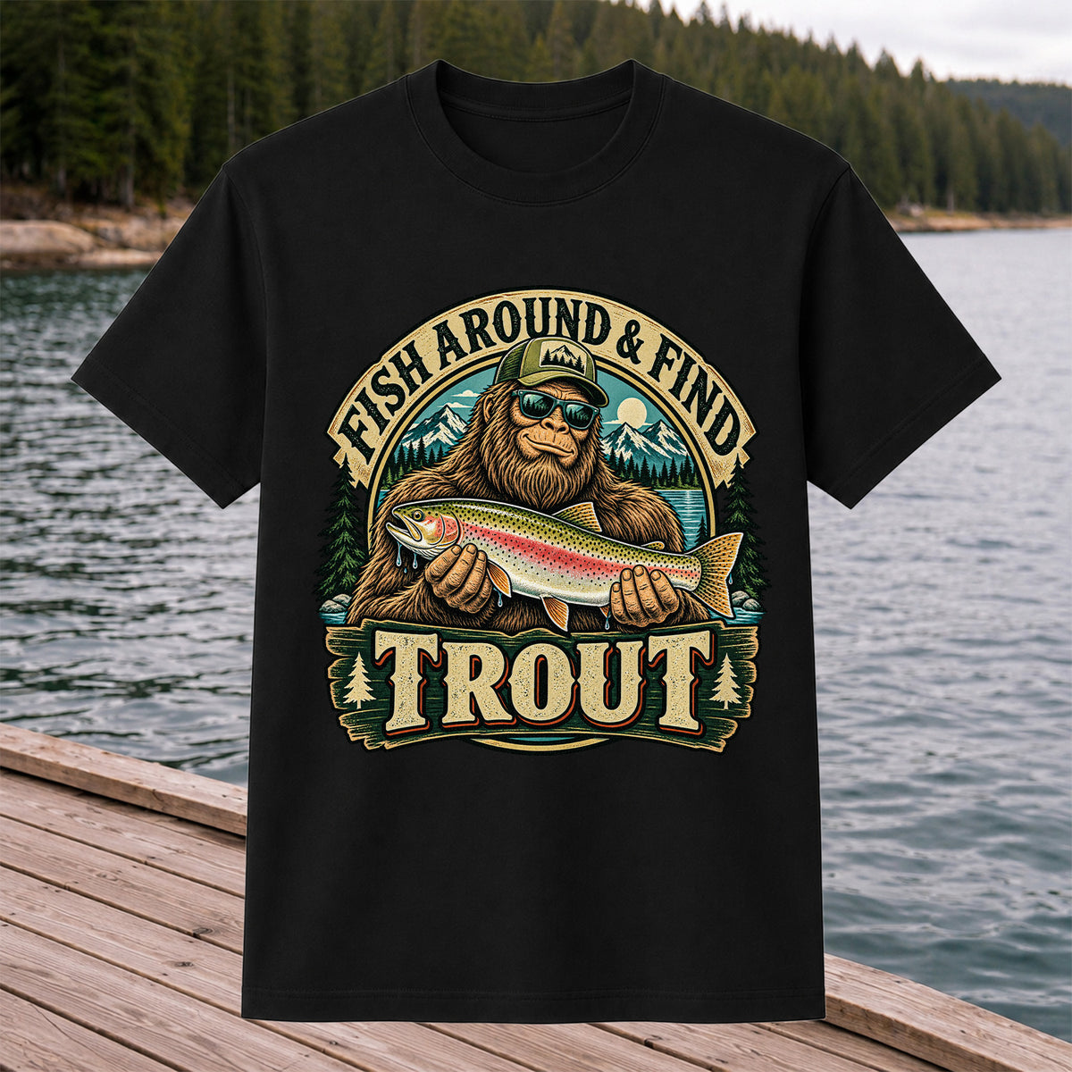 Fish Around & Find Trout Bigfoot Rainbow Trout Fishing T-Shirt