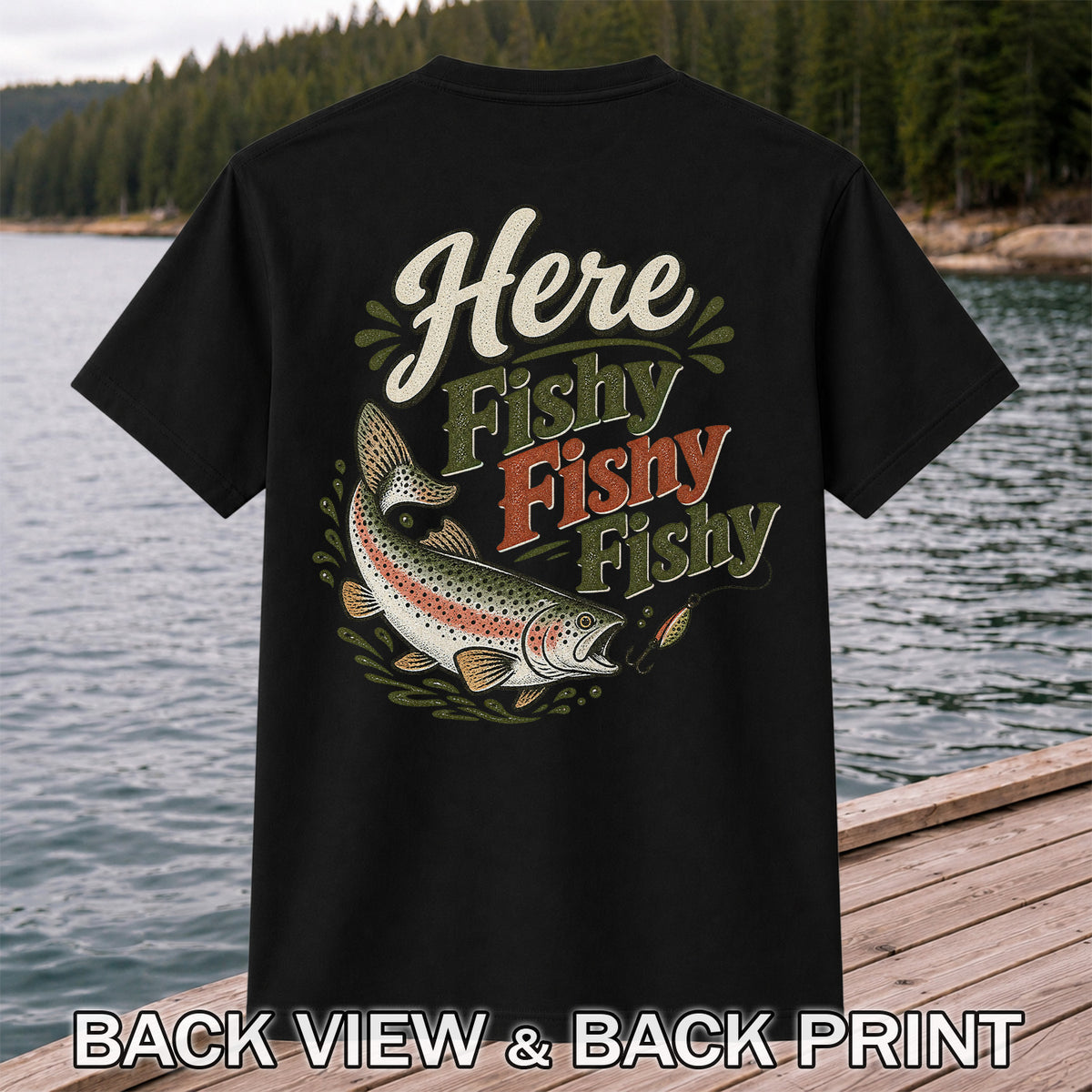 Here Fishy Fishy Rainbow Trout Fishing T-Shirt | Back Print