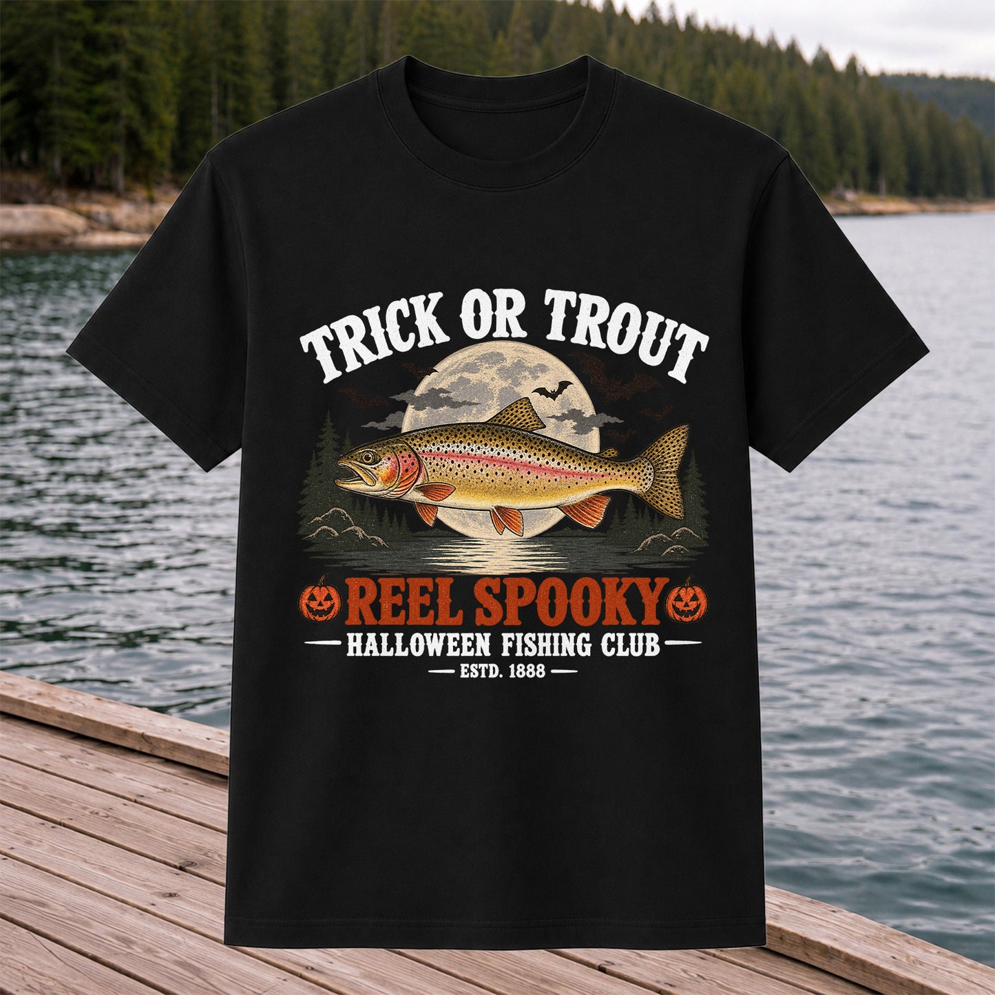 Trick or Trout Reel Spooky Halloween Fishing Club T-Shirt