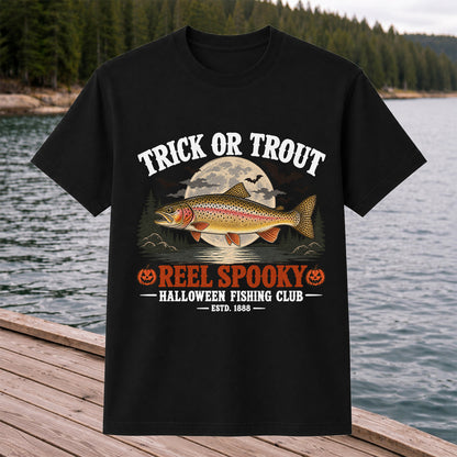 Trick or Trout Reel Spooky Halloween Fishing Club T-Shirt