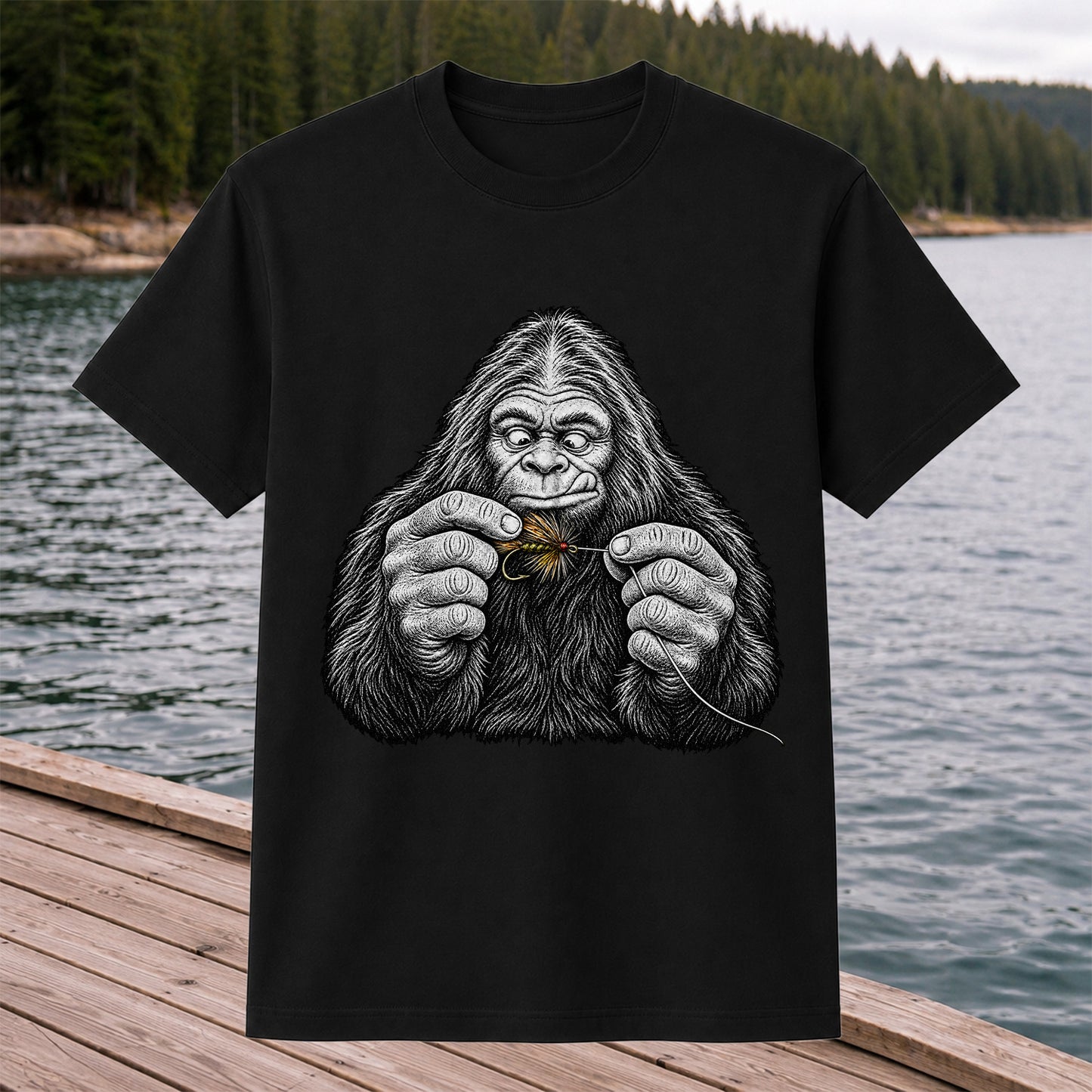 Bigfoot Tying a Fly Fishing Lure Graphic T-Shirt