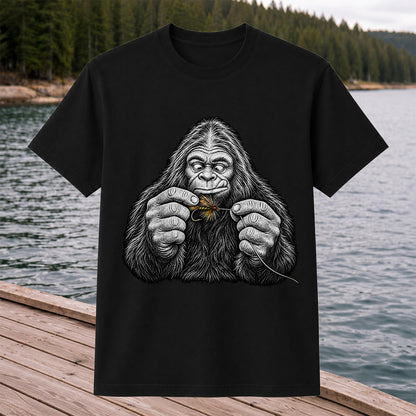 Bigfoot Tying a Fly Fishing Lure Graphic T-Shirt
