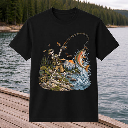 Skeleton Angler Catching Trout at a Mountain Lake Fishing T-Shirt