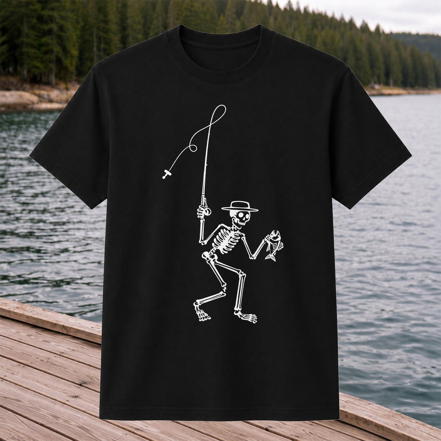 Skeleton Angler Holding a Fish Line Art Fishing T-Shirt