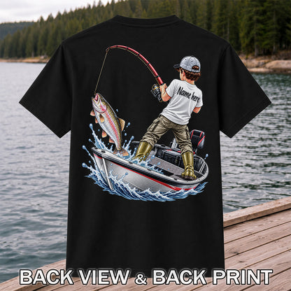 Personalized Boy Fishing Boat and Rainbow Trout Graphic T-Shirt | Back Print