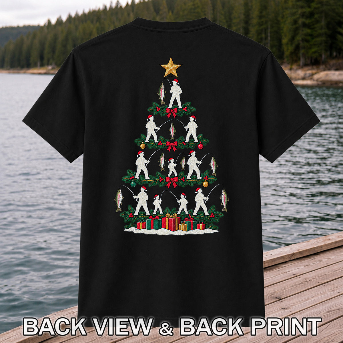 Christmas Tree with Anglers and Rainbow Trout Fishing Graphic T-Shirt | Back Print