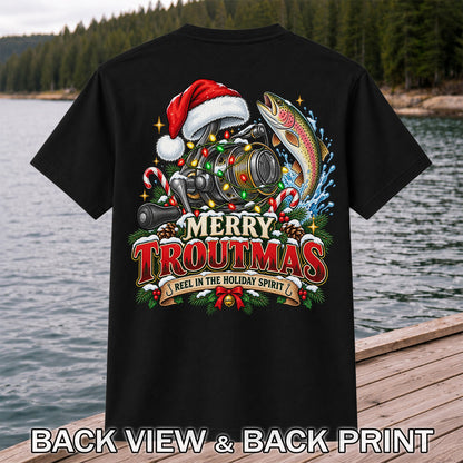 Merry Troutmas Reel in the Holiday Spirit Rainbow Trout and Fishing Reel T-Shirt | Back Print