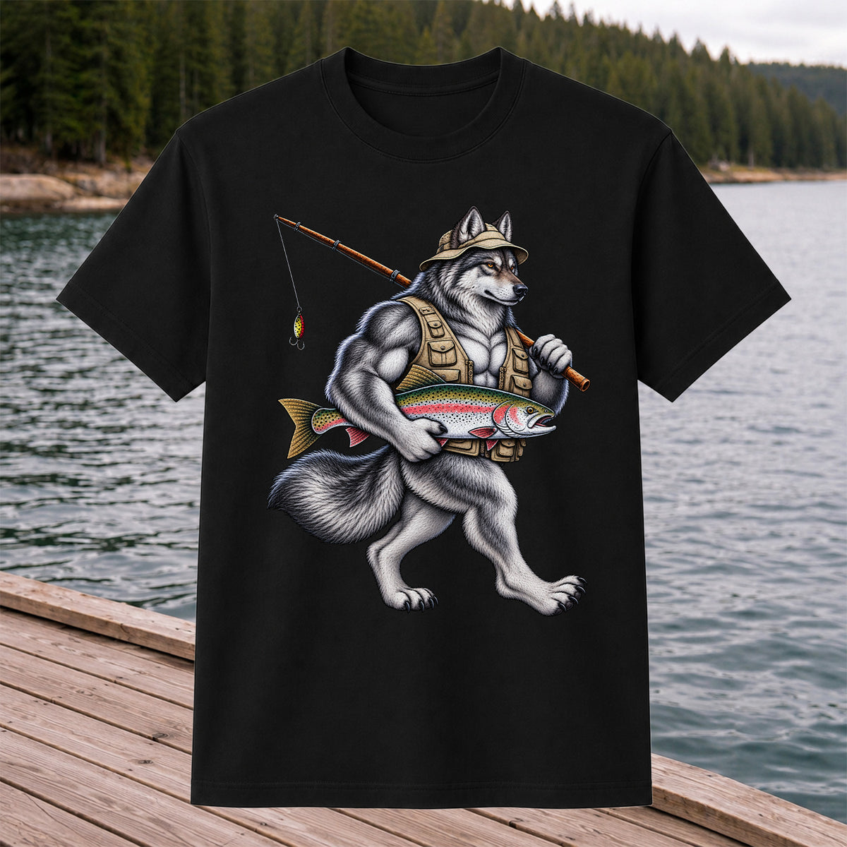 Wolf Angler Holding Rainbow Trout Fishing Graphic T-Shirt