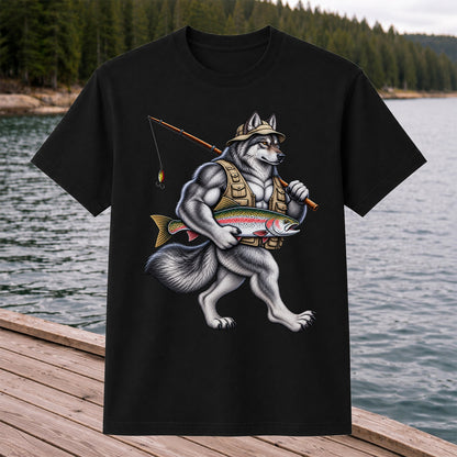 Wolf Angler Holding Rainbow Trout Fishing Graphic T-Shirt