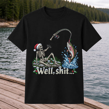 Well, Shit... Skeleton and Leaping Rainbow Trout Christmas Fishing T-Shirt