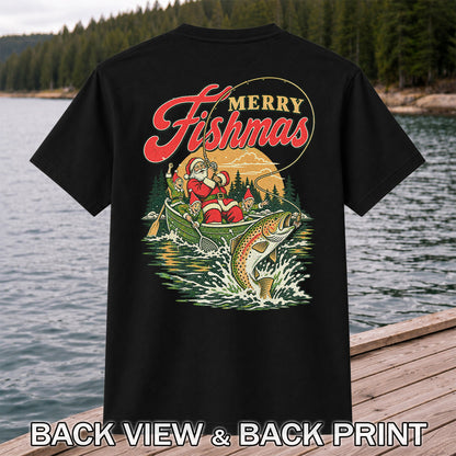 Merry Fishmas Santa and Elves Trout Fishing Christmas T-Shirt | Back Print
