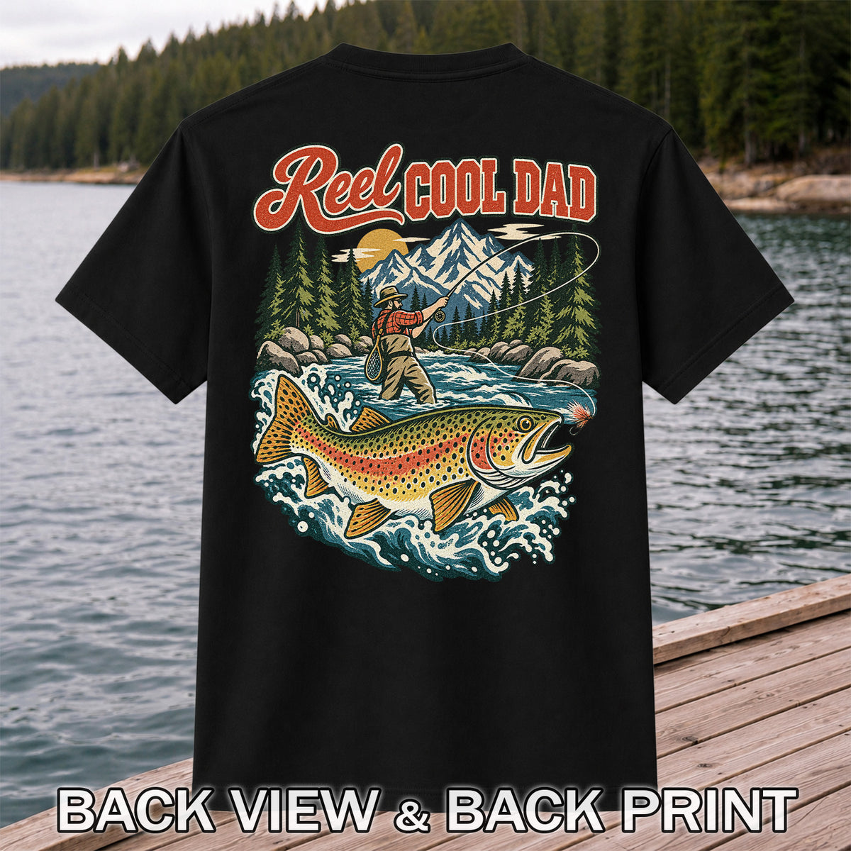 Reel Cool Dad Rainbow Trout Fly Fishing Graphic T-Shirt | Back Print