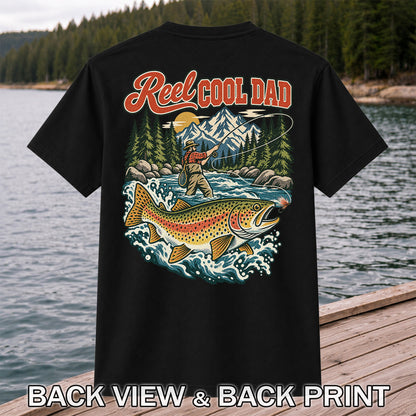 Reel Cool Dad Rainbow Trout Fly Fishing Graphic T-Shirt | Back Print