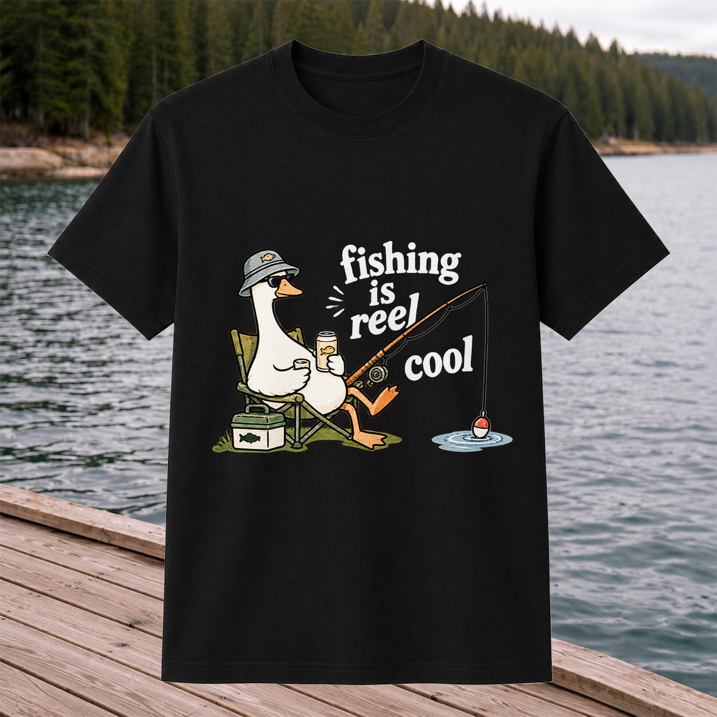 Fishing Is Reel Cool Funny Fishing Goose Graphic T-Shirt