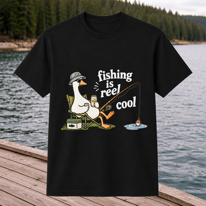 Fishing Is Reel Cool Funny Fishing Goose Graphic T-Shirt