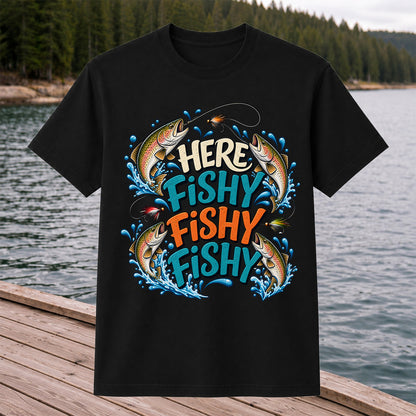 Here Fishy Fishy Fishy Rainbow Trout Funny Fly Fishing T-Shirt