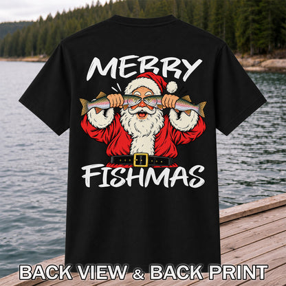 Merry Fishmas Santa Holding Rainbow Trout Christmas Fishing T-Shirt | Back Print