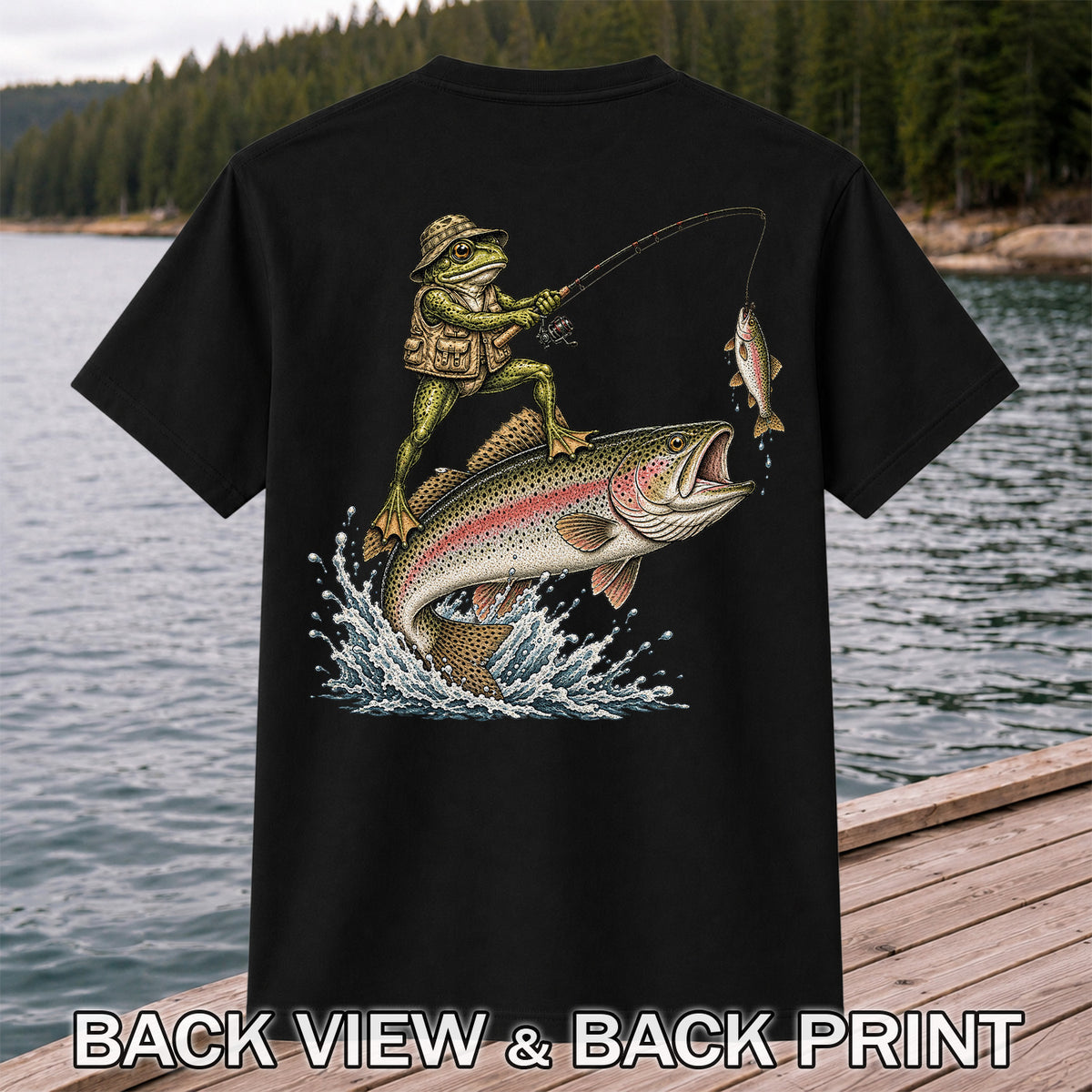 Frog Angler Riding a Rainbow Trout Fishing Graphic T-Shirt | Back Print