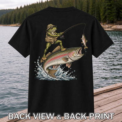 Frog Angler Riding a Rainbow Trout Fishing Graphic T-Shirt | Back Print