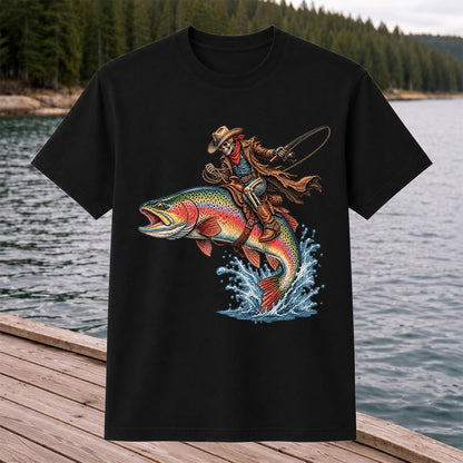 Skeleton Cowboy Riding a Rainbow Trout Fishing Graphic T-Shirt