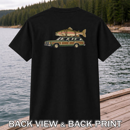 Vintage Station Wagon Carrying Rainbow Trout Fishing T-Shirt | Back Print