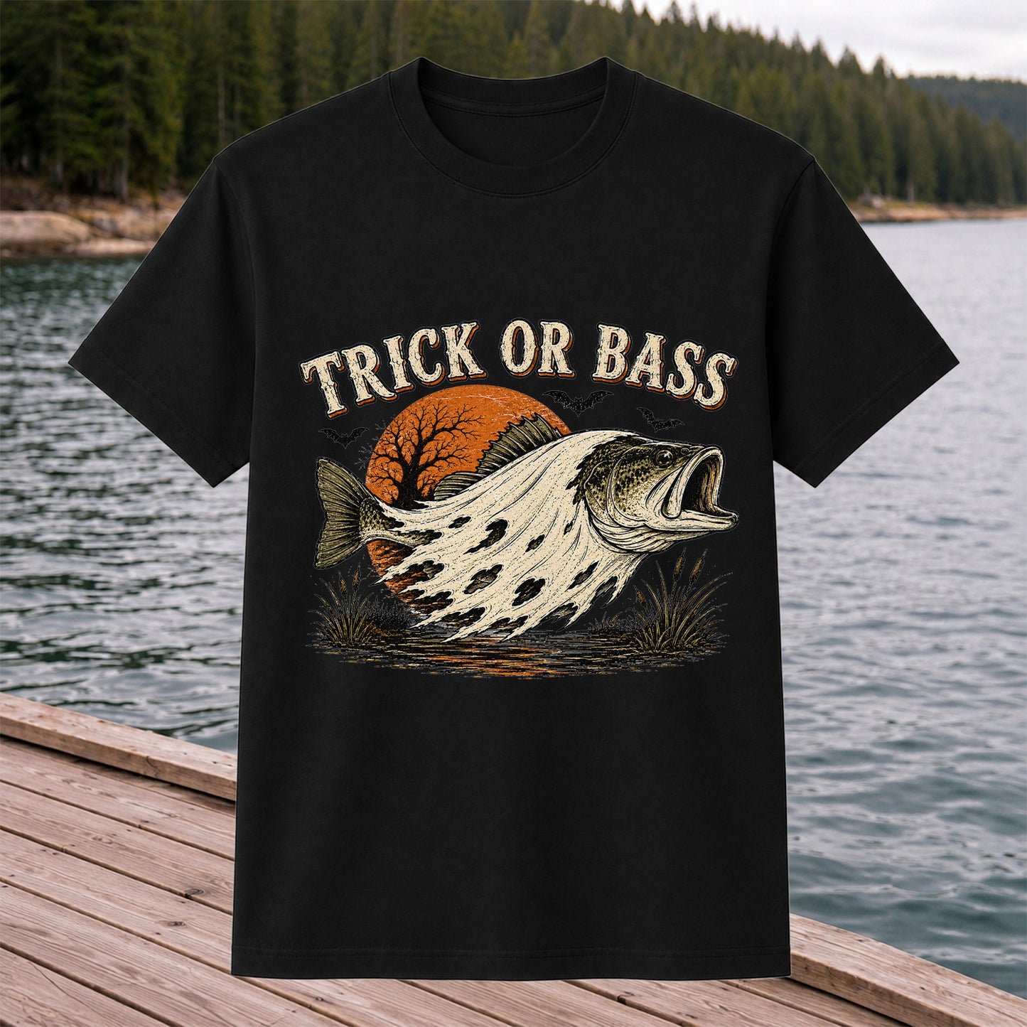Trick or Bass Boo Halloween Fishing T-Shirt, Vintage Trout Angler Tee