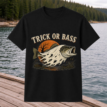 Trick or Bass Boo Halloween Fishing T-Shirt, Vintage Trout Angler Tee