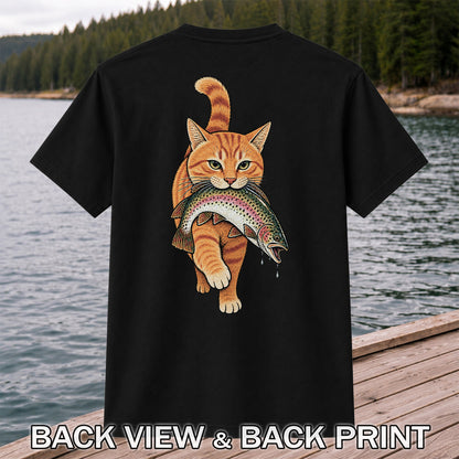Cat Holding Trout Funny Fishing Graphic T-Shirt | Back Print