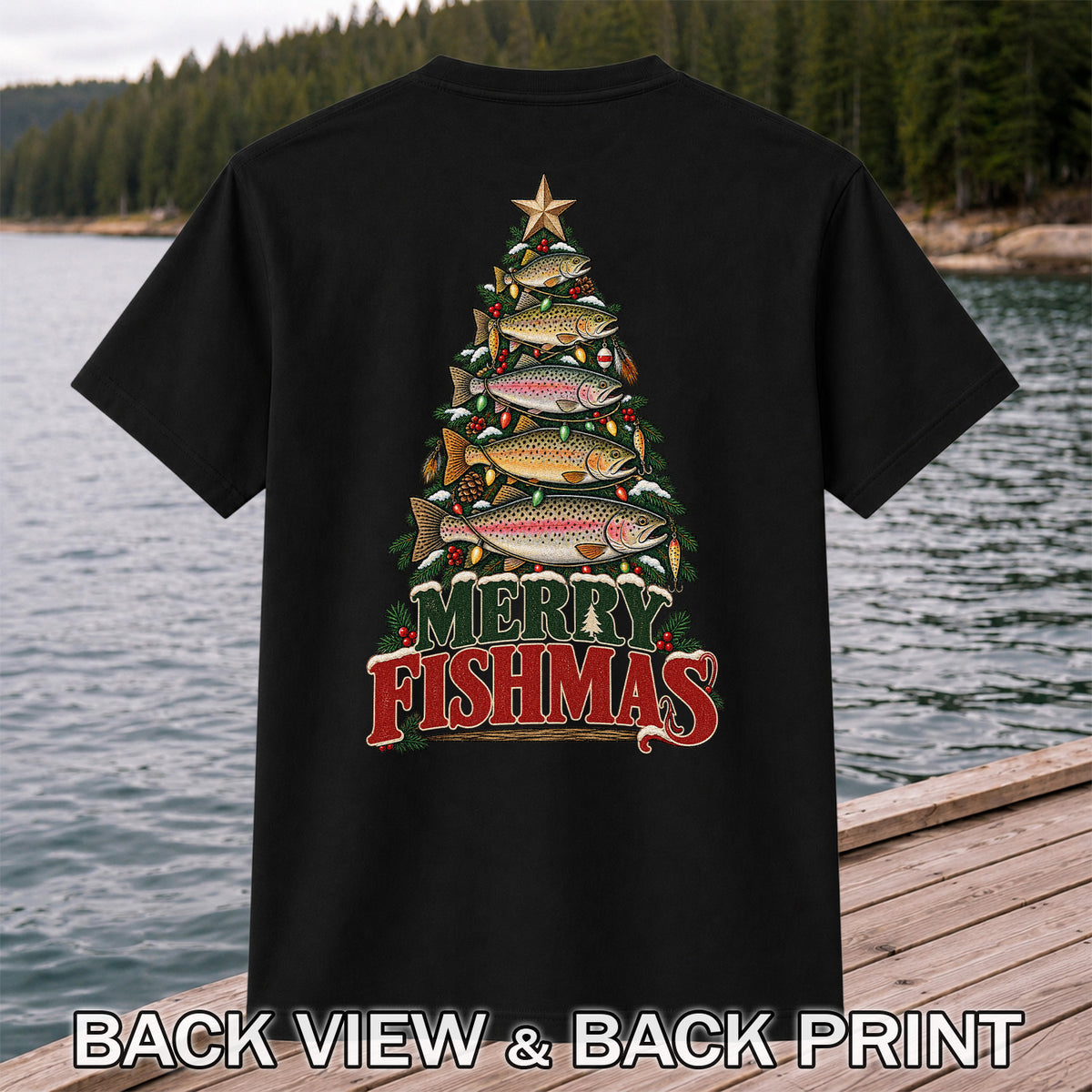 Merry Fishmas Trout Christmas Tree Fishing T-Shirt | Back Print