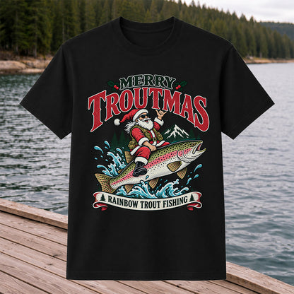 Merry Troutmas Santa Riding a Rainbow Trout Christmas Fishing T-Shirt