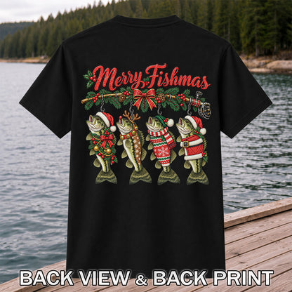 Merry Fishmas Christmas Bass Fishing Graphic T-Shirt | Back Print