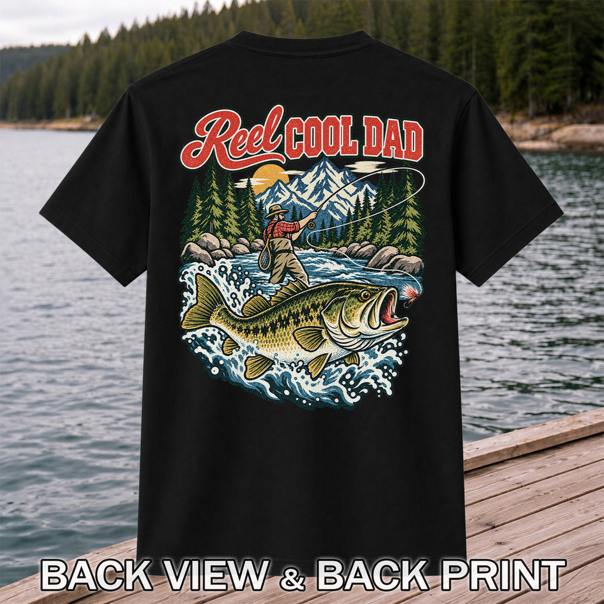 Reel Cool Dad Largemouth Bass Fishing Graphic T-Shirt | Back Print