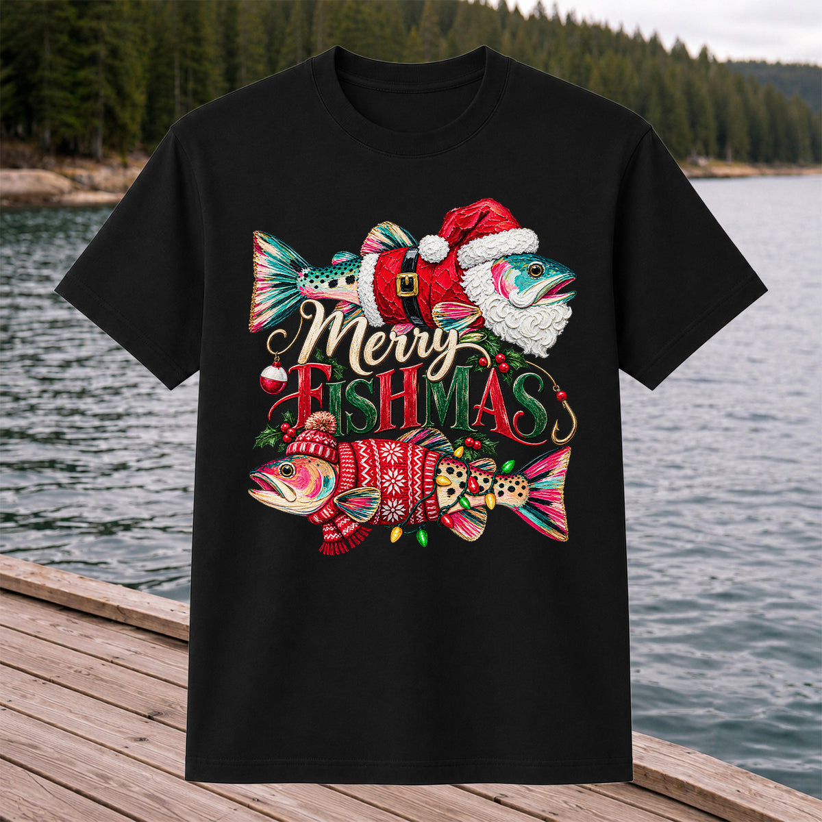 Merry Fishmas Santa Fish Christmas Fishing Graphic T-Shirt