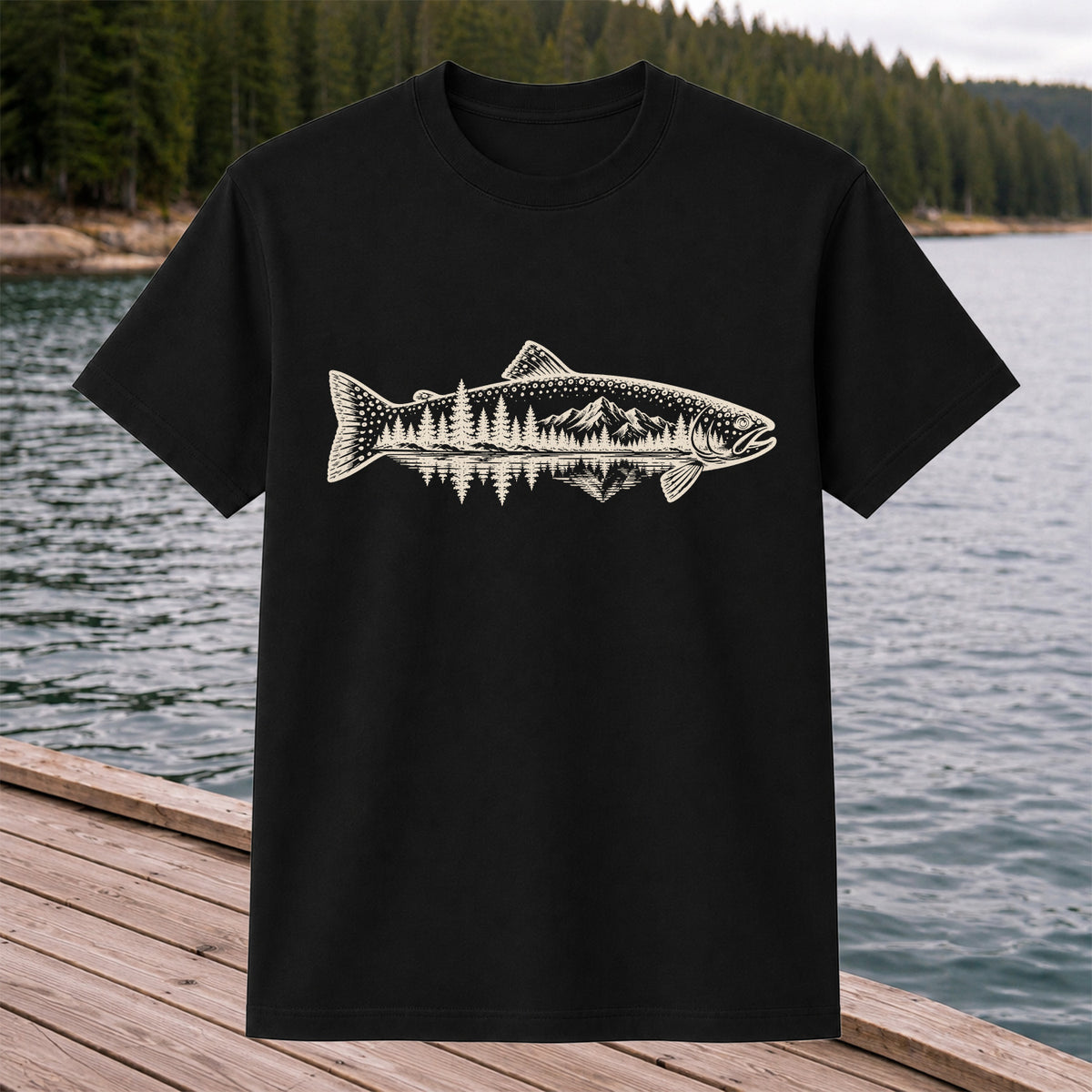 Trout Mountain Forest Reflection Fishing Graphic T-Shirt