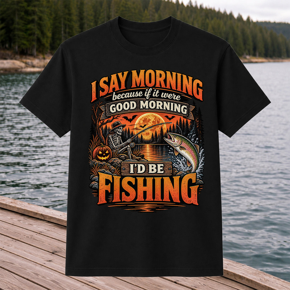 I Say Morning Because If It Were Good Morning I'd Be Fishing Halloween Skeleton Trout T-Shirt