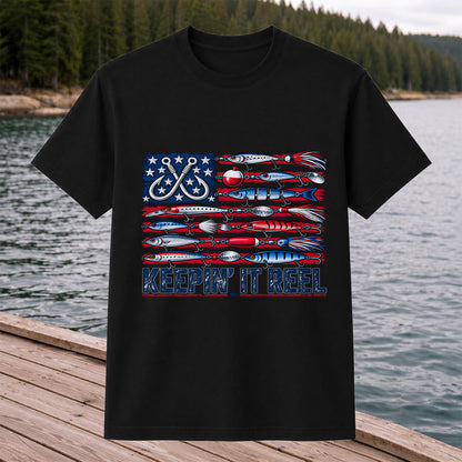 Keepin' It Reel American Flag Fishing Lures Graphic T-Shirt