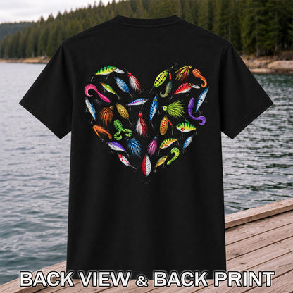 Colorful Fishing Lures in a Heart Shape Graphic T-Shirt | Back Print